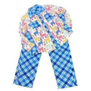 Mayma's Aprons Llama Flannel Pajamas Plaid Blue White Pink Size Medium